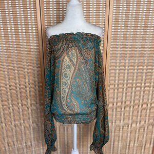 Vintage Y2K Rave boho turquoise and tan paisley print long sleeve blouse